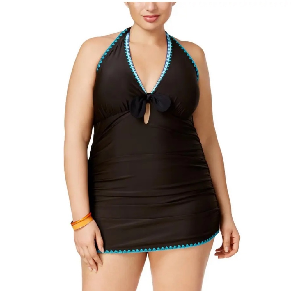Jessica Simpson Plus Sz Blue Halter one-piece swimsuit yellow stitching sz3X NWT